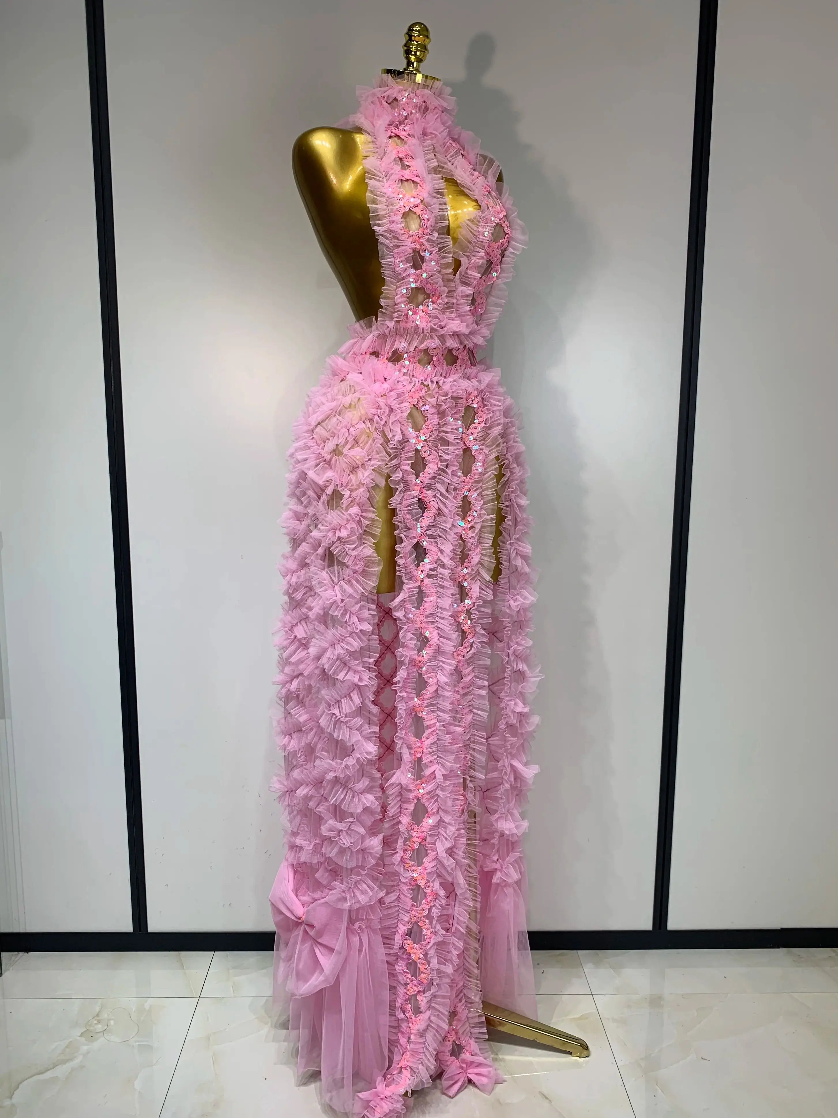 Mesh Sequins Sexy Backless Halter See Through Dress 2025 Birthday Evening Party Prom Nightclub Singer Stage Performance Costume