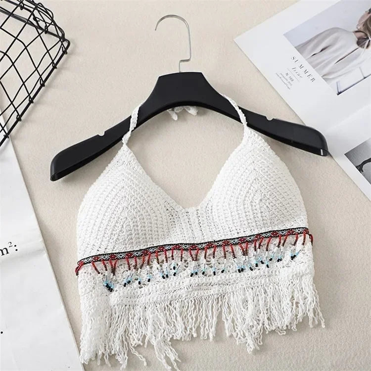 Retro Tops Wild Hollow Perspective Tassel Sexy Spaghetti Strap Women Built In Bra Back Lace Halter Neck y2k clothes corset top White 2 Fits 40-75kg