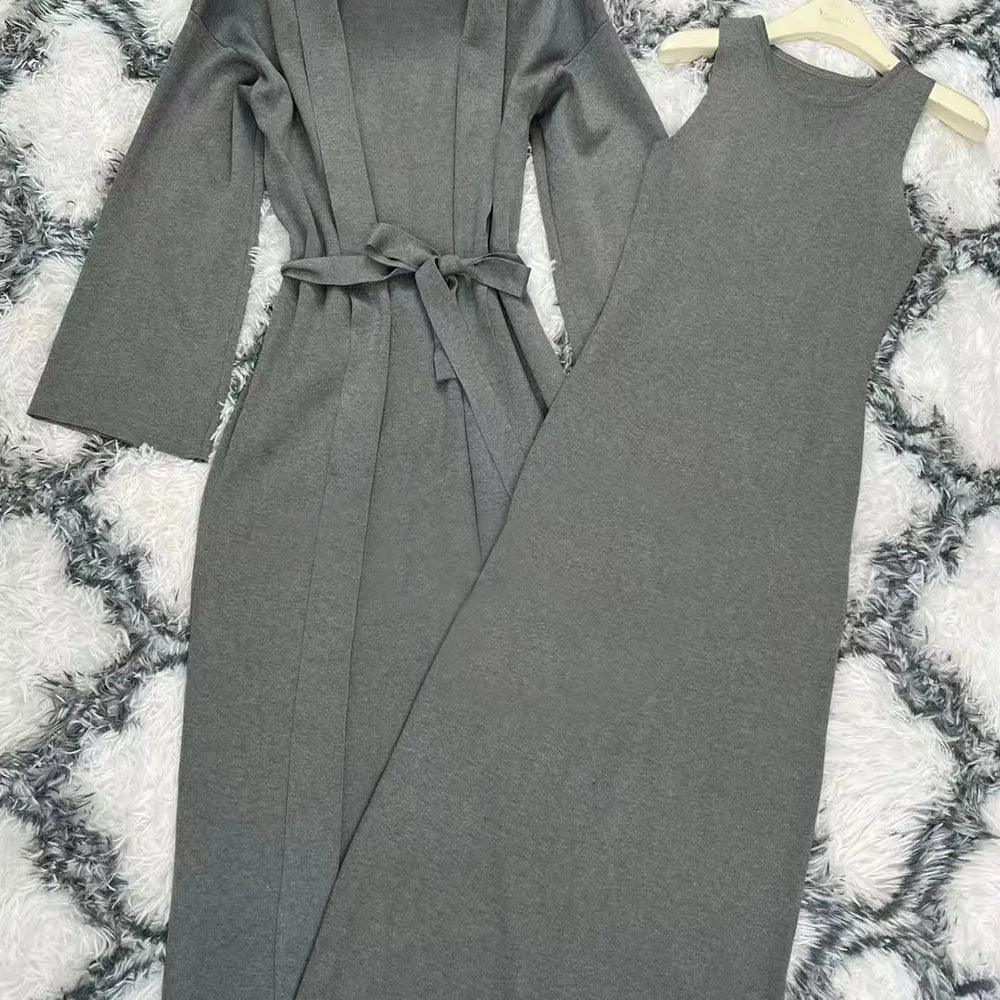 Women's Knitted Long Dress Sets with Polo Collar Long Sleeves Waistband Tie up Cardigan Long Coat+Sleeveless Dress Two Piece Set Dark Grey