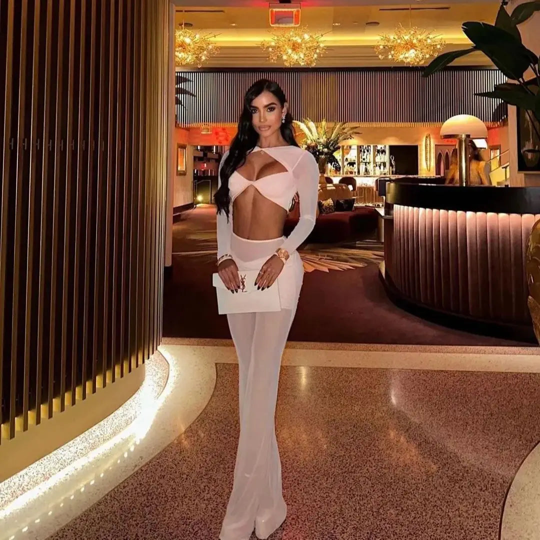 New Spring Mesh See Through Women Set Sexy Hollow Out Short Top And Flare Pants 2 Pieces High Stree Wear Evening Party Vestido Beige