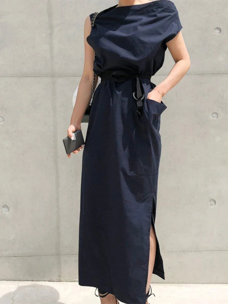 Asymmetrical Sashes Dress For Women Slash Neck Short Sleeve High Waist Casual Dresses Female Fashion New Clothing