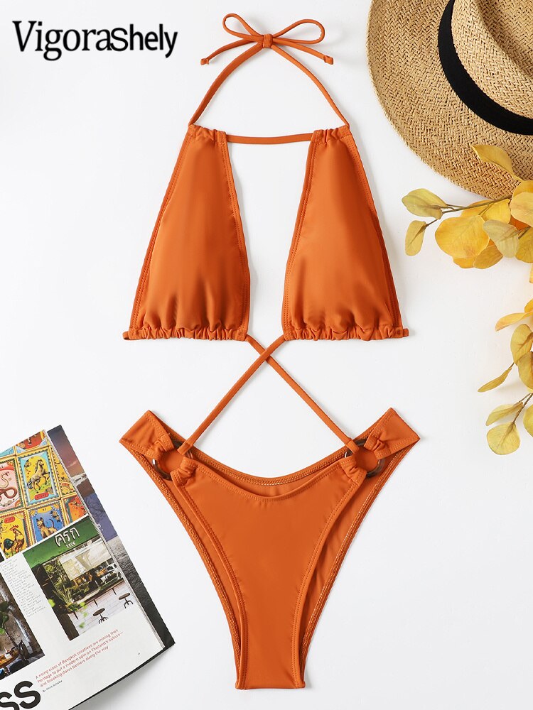 Sexy Brown Halter Swimwear - High Cut Ring Hollow One Piece Swimsuit Monokini Cross Backless Bathing Suit