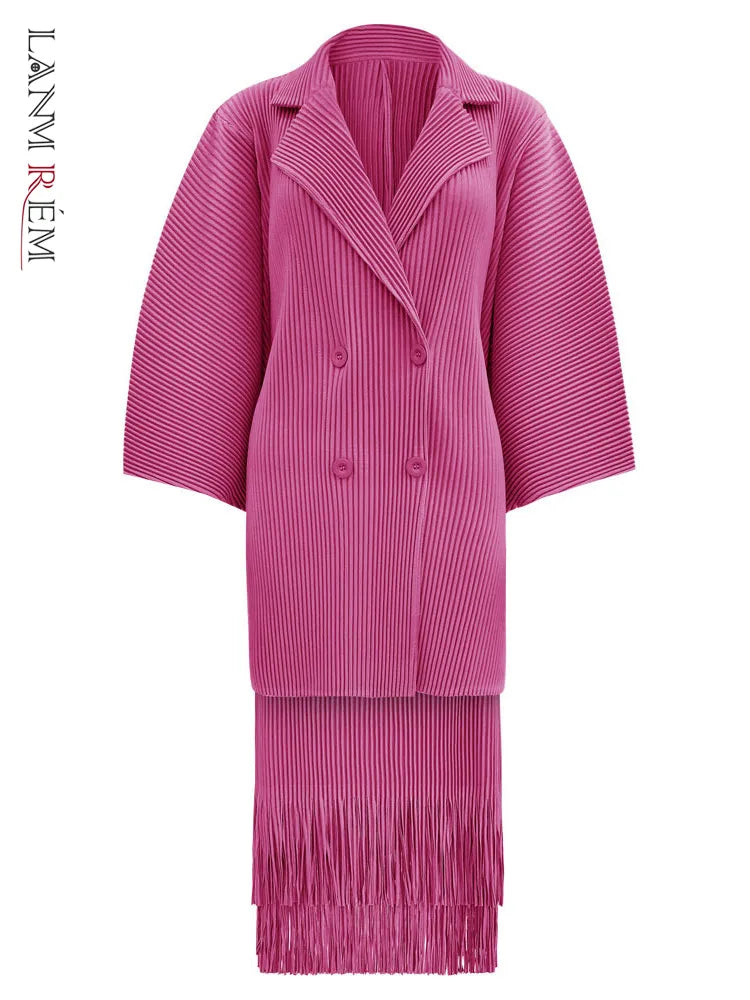LANMREM Fashion Pleated 2 Piece Set Women Double Breasted Blazer Tassel Design Skirt Solid Color Spring New Clothing 32C701
