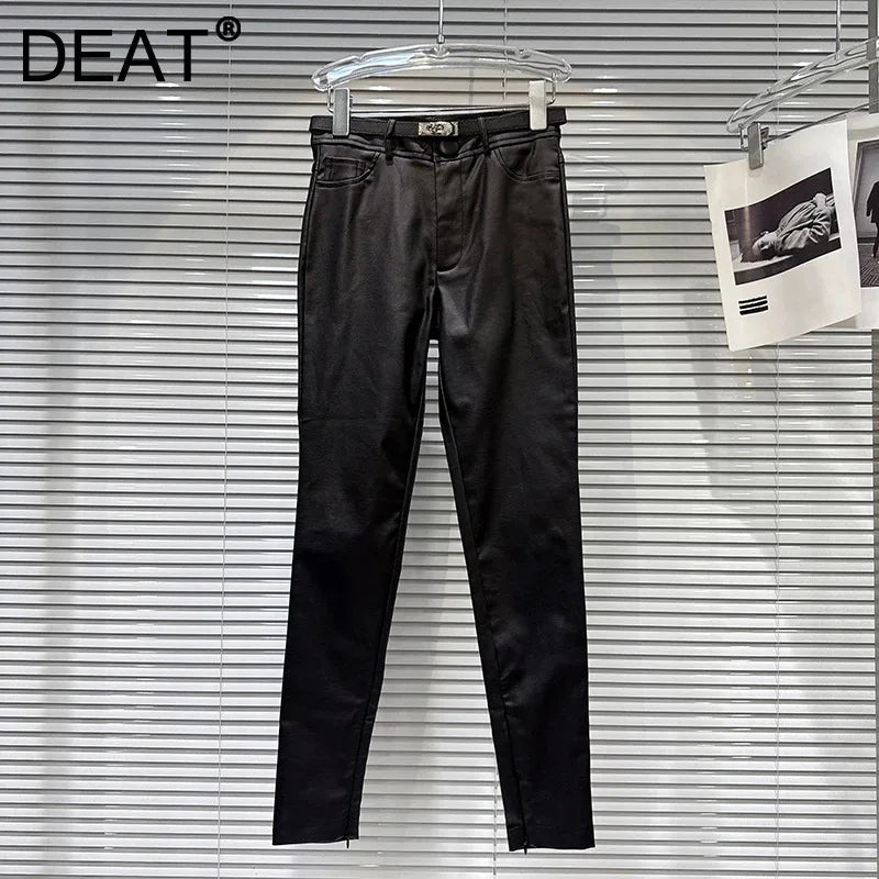 Winter New Fashion Silver Buckle Belt Slim Fit Pencil Pants For Women Black Versatile Boot Trousers Female 11A07922