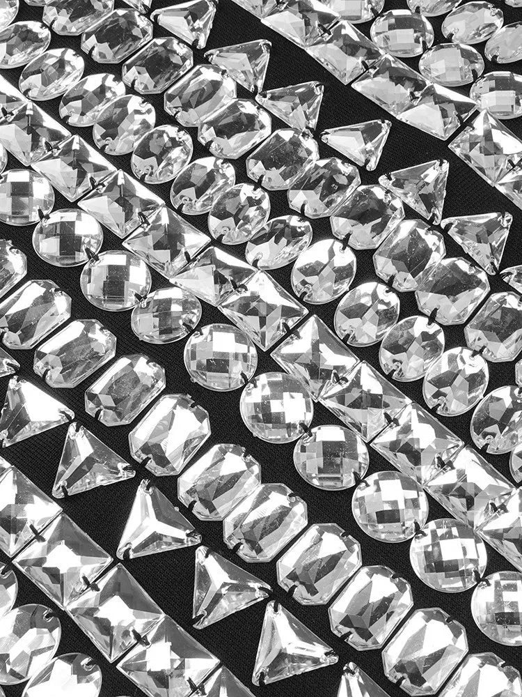 Detachable Gloves Dress Square Collar Sleeveless High Waist Slimming Patchwork Diamond Mini Dress Female Fashion