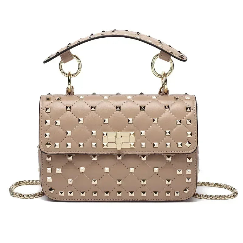 Fashion Women Sheepskin Leather Rivet Handbags Chain Bag Designer Shoulder Bags Luxury Woman Messenger Bags Apricot 23CMx8CMx16CM