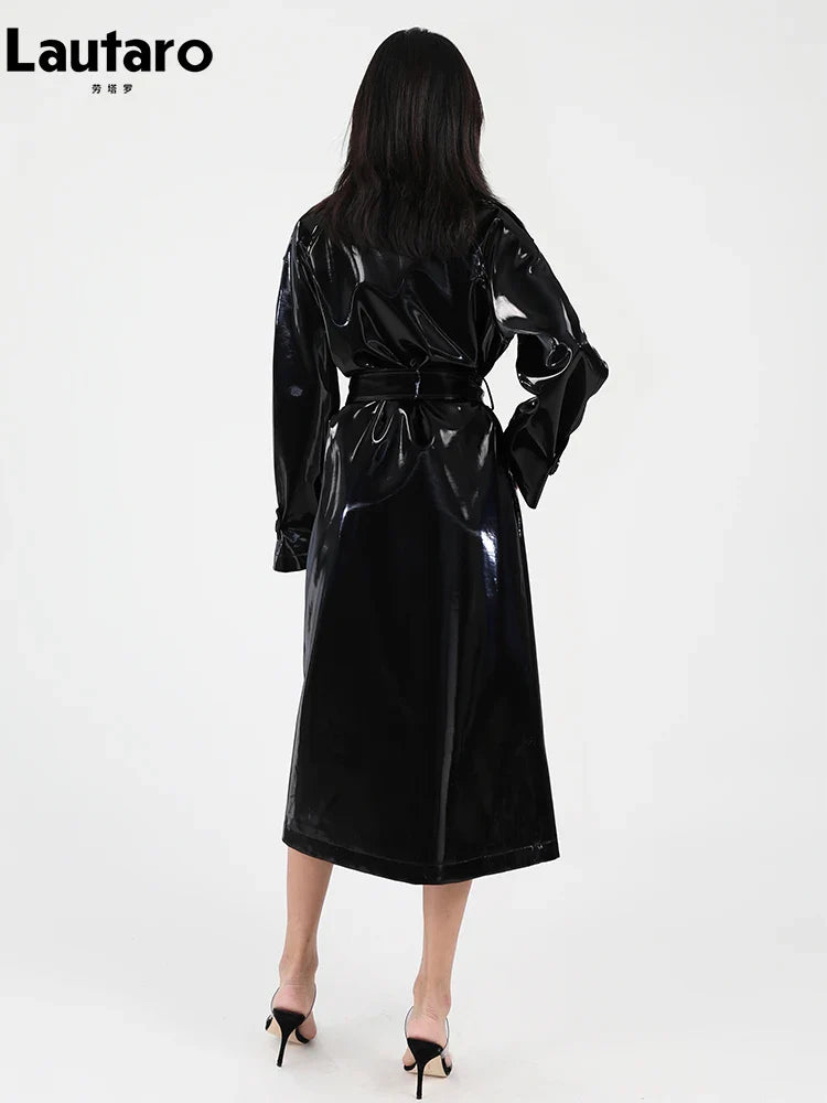 Spring Autumn Long Shiny Reflective Patent Leather Trench Coat for Women Sashes Luxury Designer Runway European Fashion