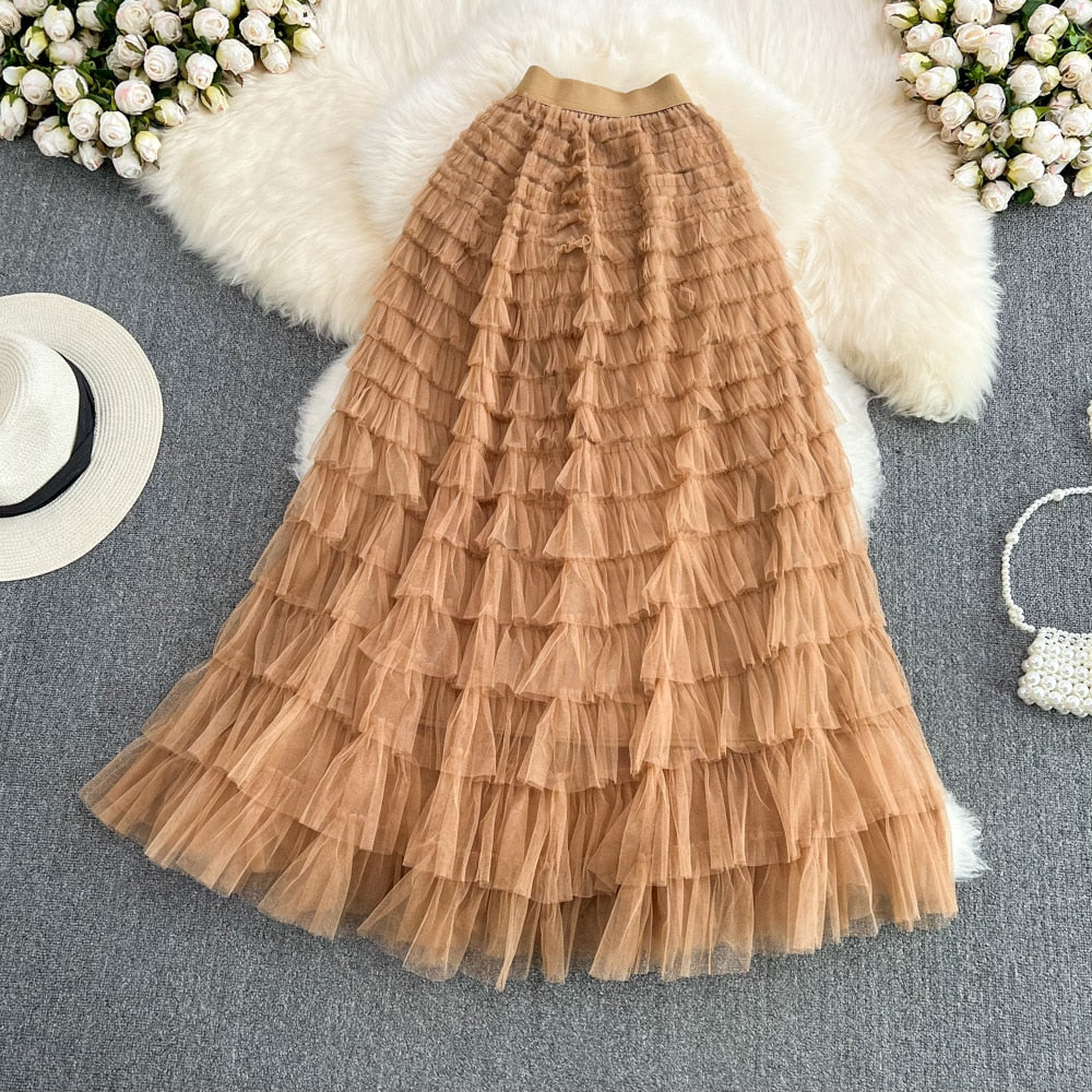 Super Long 97cm Maxi Tulle Skirts for Women 2024 New Chic Patchwork Cake Skirt Multilayer Large Swing A-Line Skirts Mujer Faldas Khaki One Size