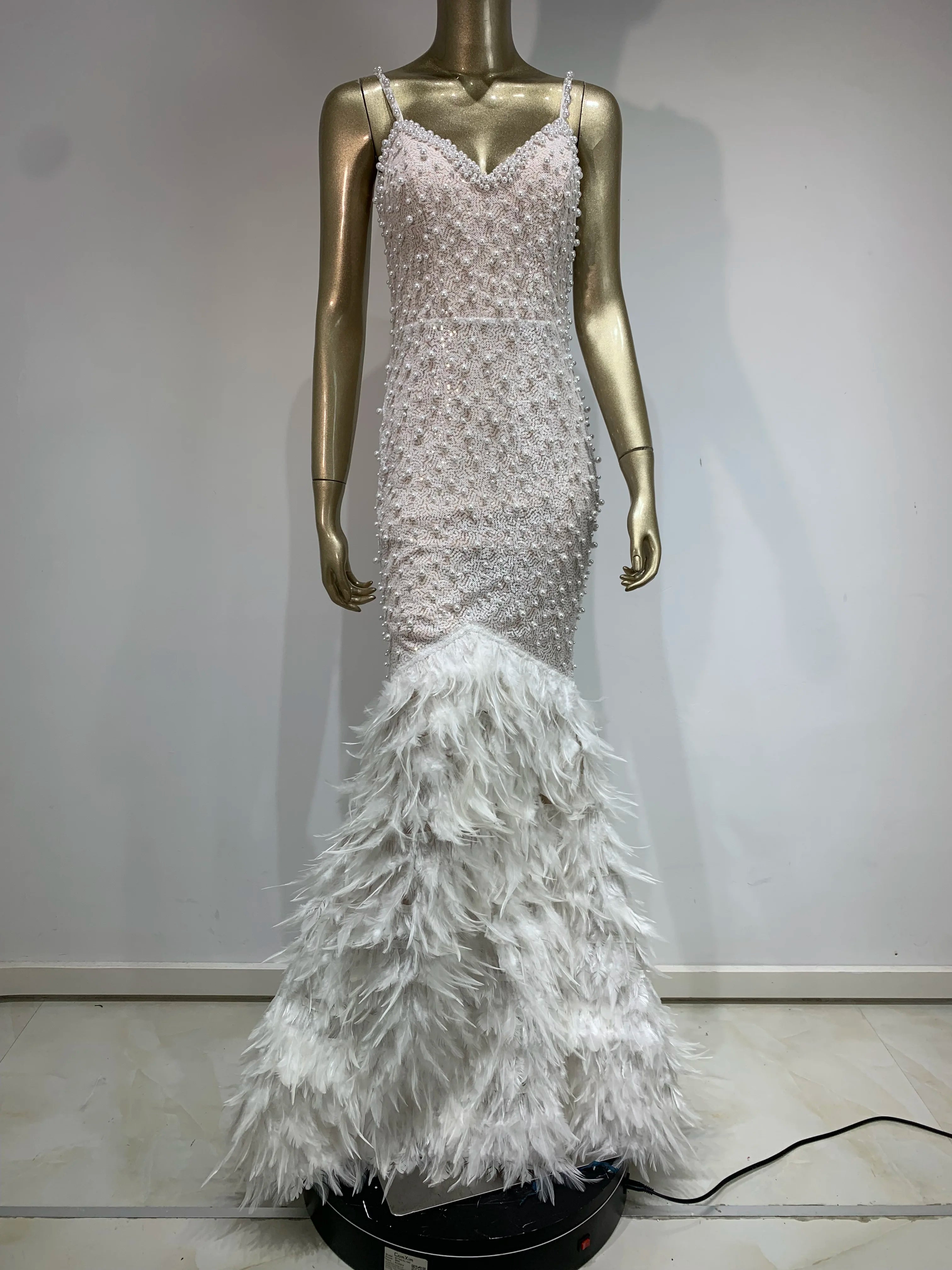 Women Celebrity Sexy V Neck Pearl Sequins Feather Maxi Long Dress 2024 Elegant Party Evening Stage Performance Dress Vestido