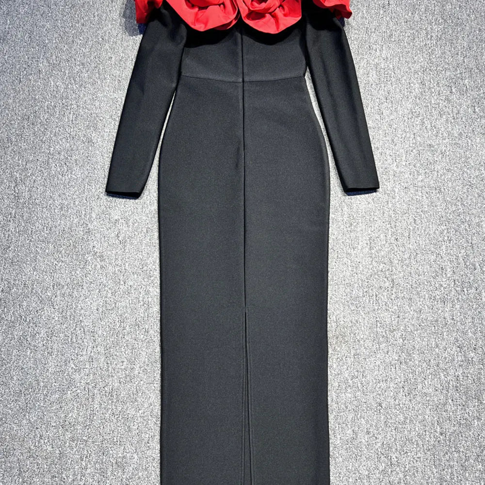 2025 Sexy Women's 3D Red Large Flower Design Bandage Dress with One Collar Card Sleeve Bodycon Long Dress Evening Party Vestidos