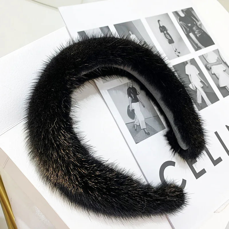 Hot Sale Women Luxury winter 100% Real Mink Fur Headbands Real Fur Hair Band Lady Fashion Hair Hoop Furry Gift Black