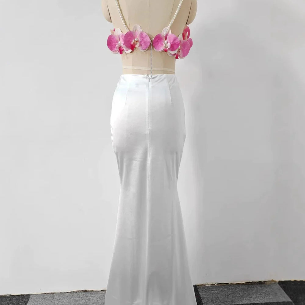 Sexy Pearl Flower Pearl Flower + Long Skirt Set Women Backless Wedding Holiday Party Lady Elegant Outfits 2025 Summer New