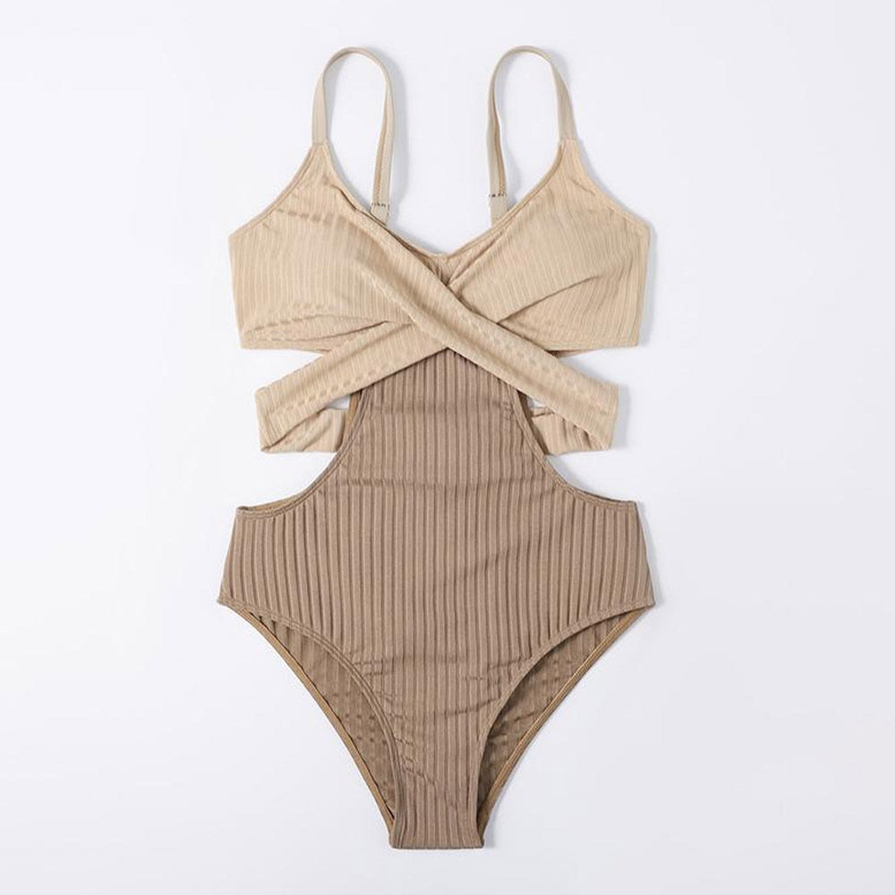 Solid Patchwork Strapped Swimwear - Sexy Hollow Push UP One Piece Swimsuit Monokini Backless Bathing Suit
