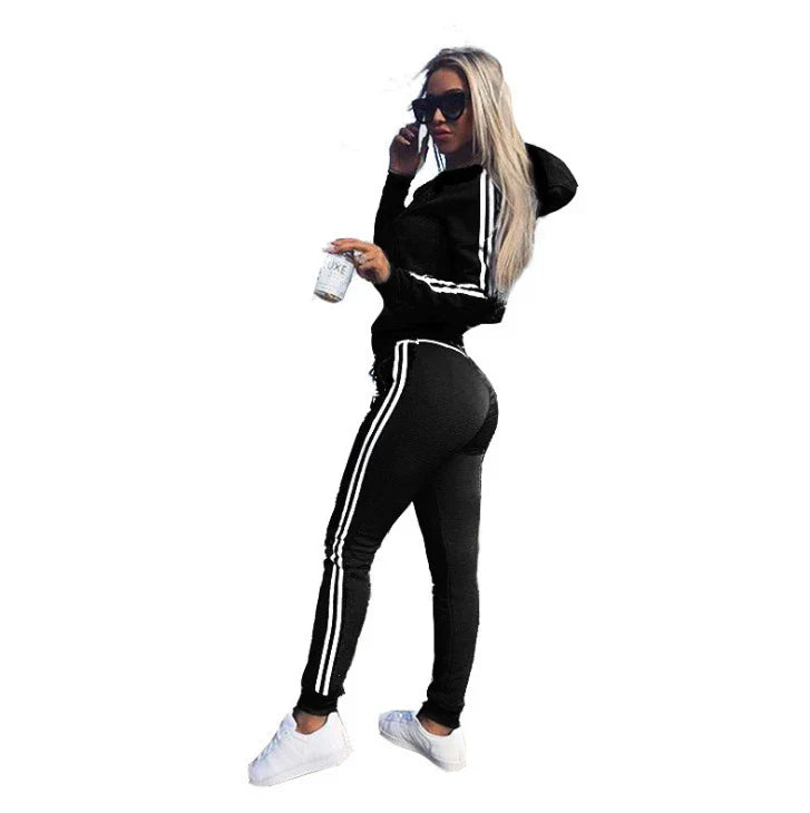 Women Sportswear Casual Sport Suit Long Sleeve Zipper Jacket Gym Fitness Leggings Plus Size 2 Piece Sets Cotton Tracksuit 2021 black