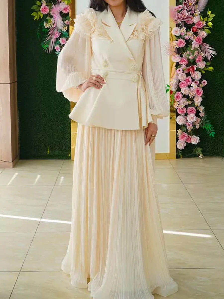 Slimming Two Piece Sets for Women Lapel Long Sleeves Spliced Double Bteasted Top Patchwork Mesh Skirt Female New APRICOT