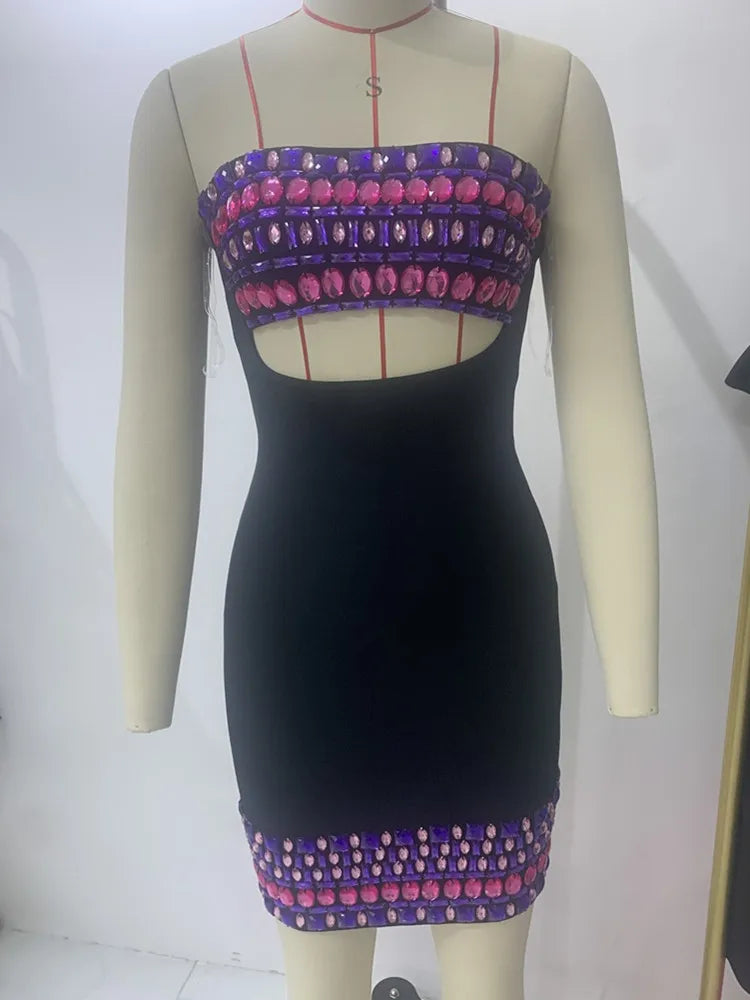 Women Celebrity Luxury Sexy Strapless Backless Pearl Cut Out Black Bodycon Bandage Dress Elegant Evening Club Party Outfit