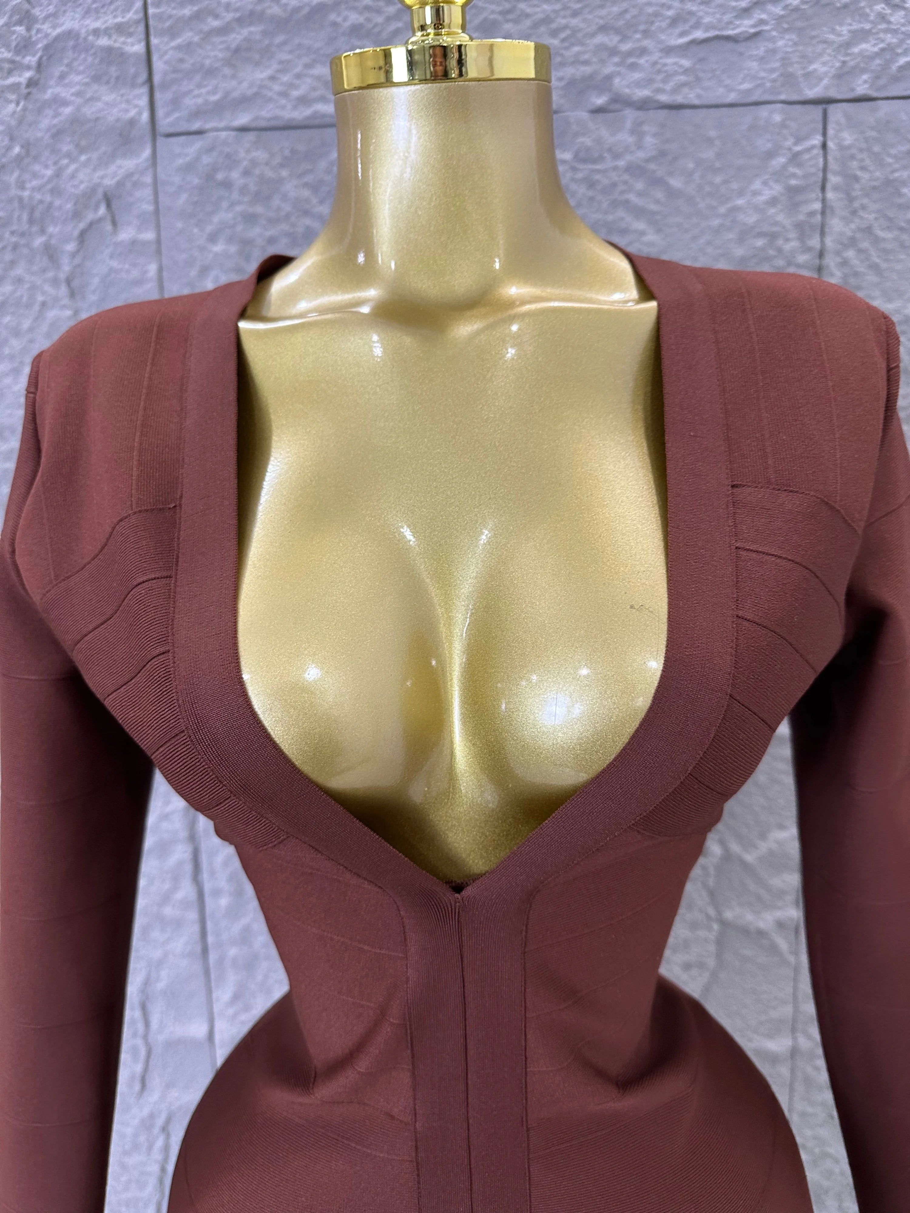 Women Elegant Brown Long Sleeve Mini Dress Women Sexy Deep V Neck Bandage Nightclub Evening Party Cocktail Party Dress