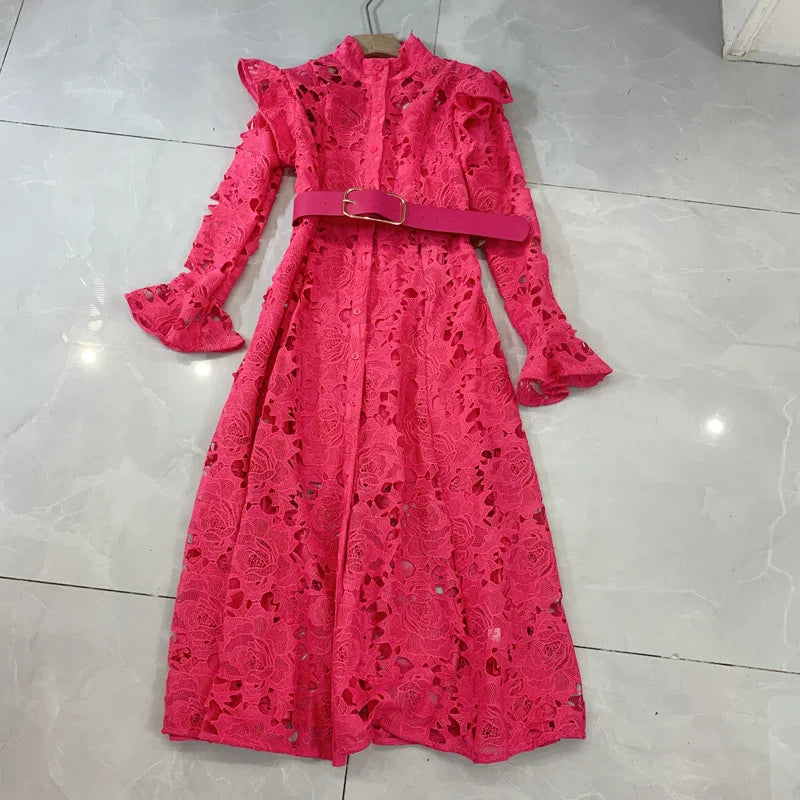 LGRQ Elegant Lace Embroidery Pattern Design Women's Dresses Evening Belt New Hollow Out Luxury Fashion 19F1371 Rose Pink