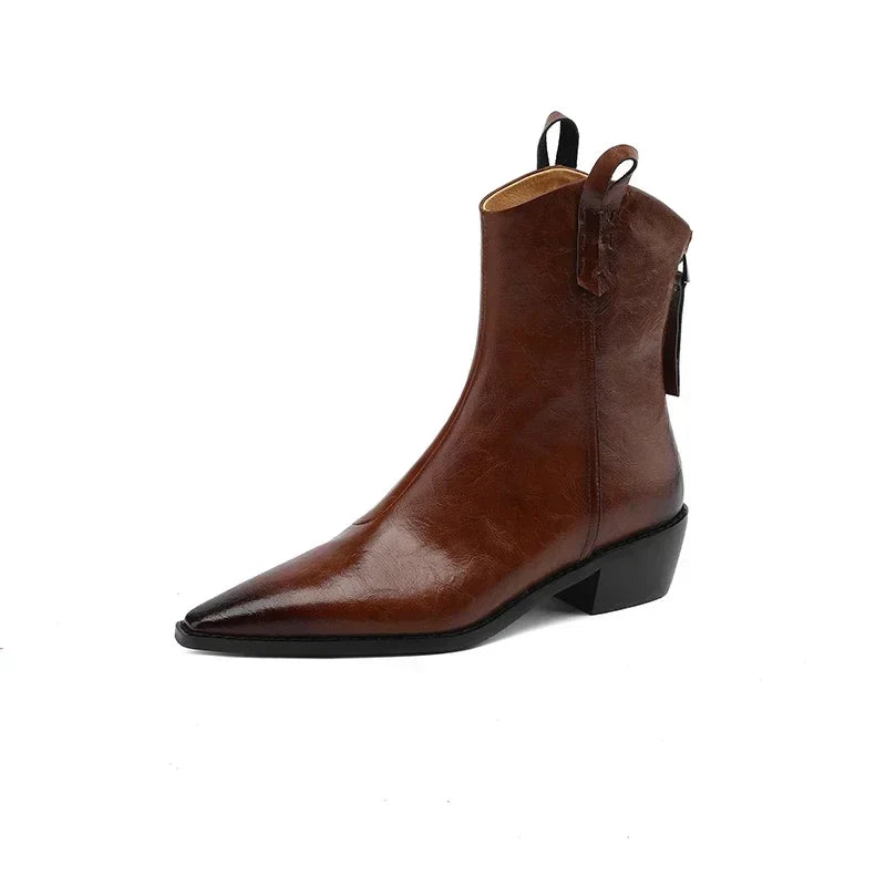 Autumn/winter Women Boots Genuine Leather Western Boots Women Shoes Pointed Toe Chunky Heel Chelsea Boots Retro Ankle Boots Brown-without fleece