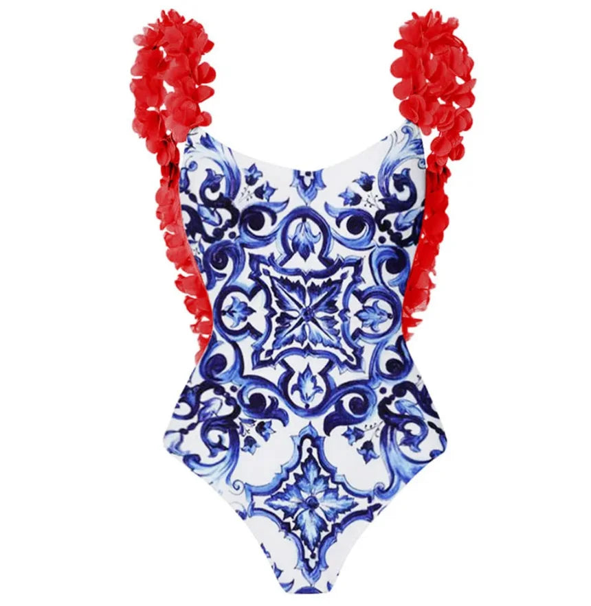 Printed Trend One Piece Swimsuit Luxury Tankini Set Women's Beachwear Push-ups Suspender Summer red swimsuit