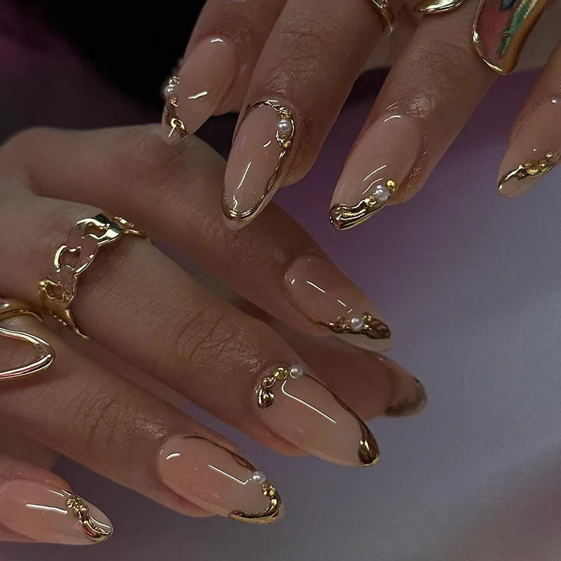 24Pcs Short Round Head Nails Set Press on Golden Edge French Design Fake Nails Tips Wearable Almond Full Cover False Nail Patch 1417