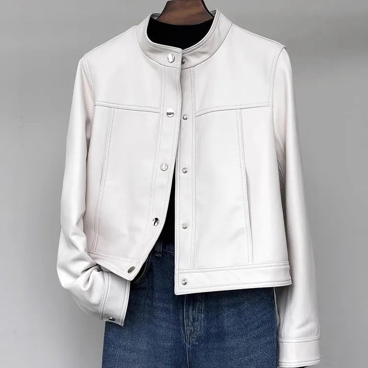 Lautaro Spring Autumn Short White Soft Pu Leather Jacket Women Stand Collar Long Sleeve Elegant Chic Luxury Designer Clothing