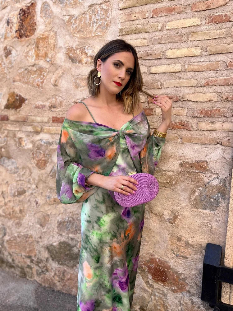 Women's Detachable Sleeves Beach Maxi Dress Sexy Backless Tie Dye Sling Dress Summer Ladies High Waist Long Robes