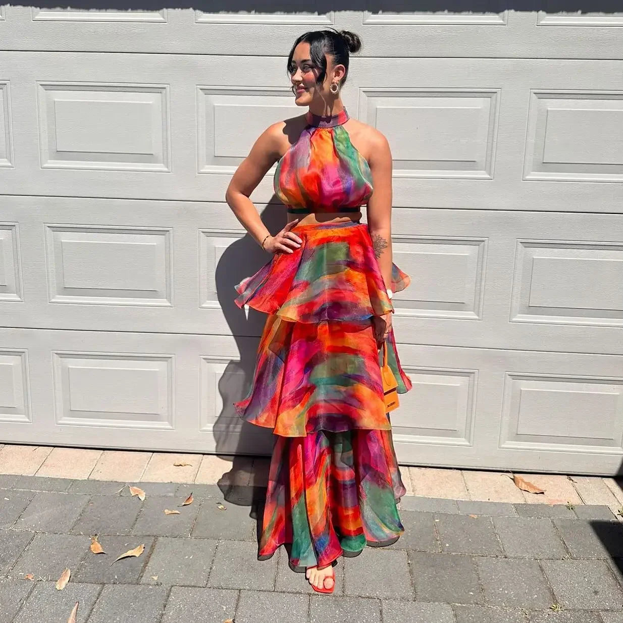 Printed Halter Top & Ruffles Dresses Waist Patchwork Fashion Crop Pullover Long Skirts Spring Summer Holiday Dress Bohe Red