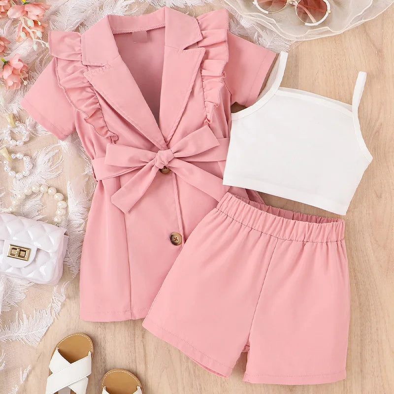 Summer Girl Suit Strap Solid Color+Short Sleeved Lapel Suit Jacket+Shorts 3Pcs Girls Outfits Korean Kids Children Clothing Sets