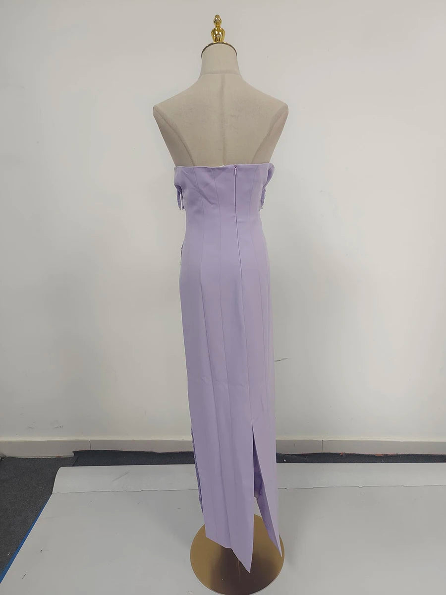 Purple Slimming Spliced Bead Elegant Dresses for Women Strapless Sleeveless Temperament Dress Female Clothing New