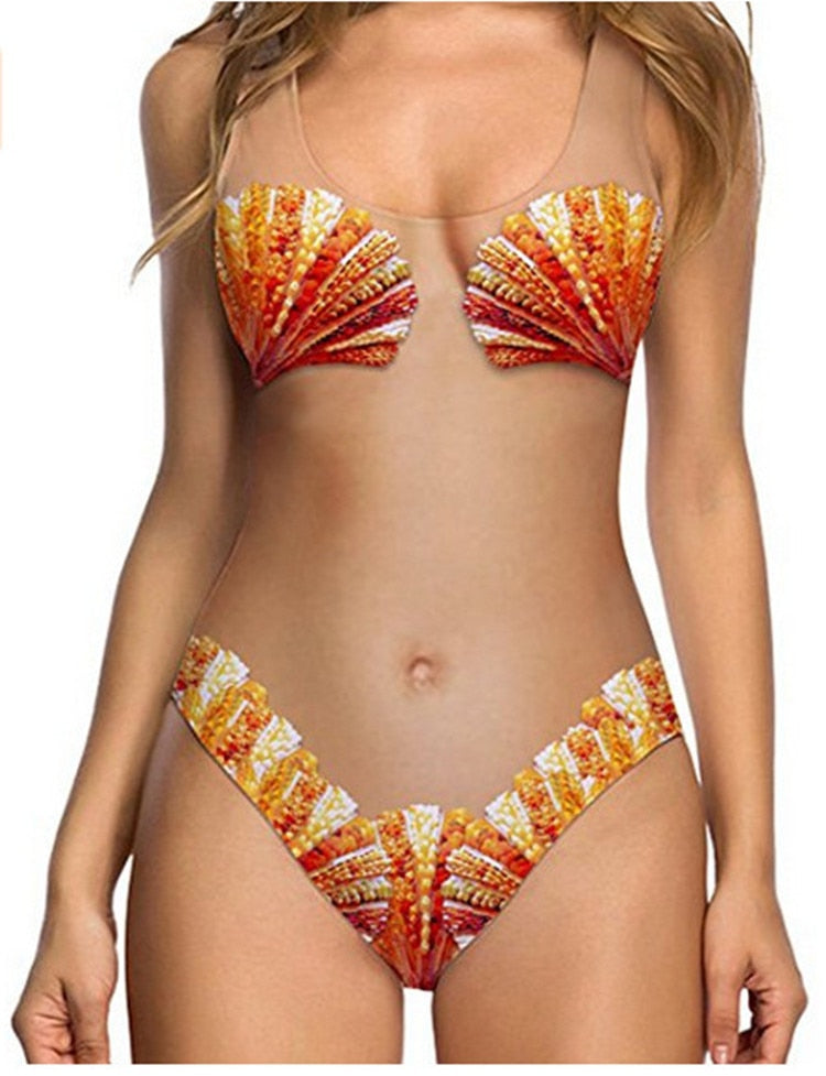 Sexy Bikini Skin One-Piece Printed Swimsuit Swimming Summer Ladies Quick Dry High Elastic Bikini Orange Pattern