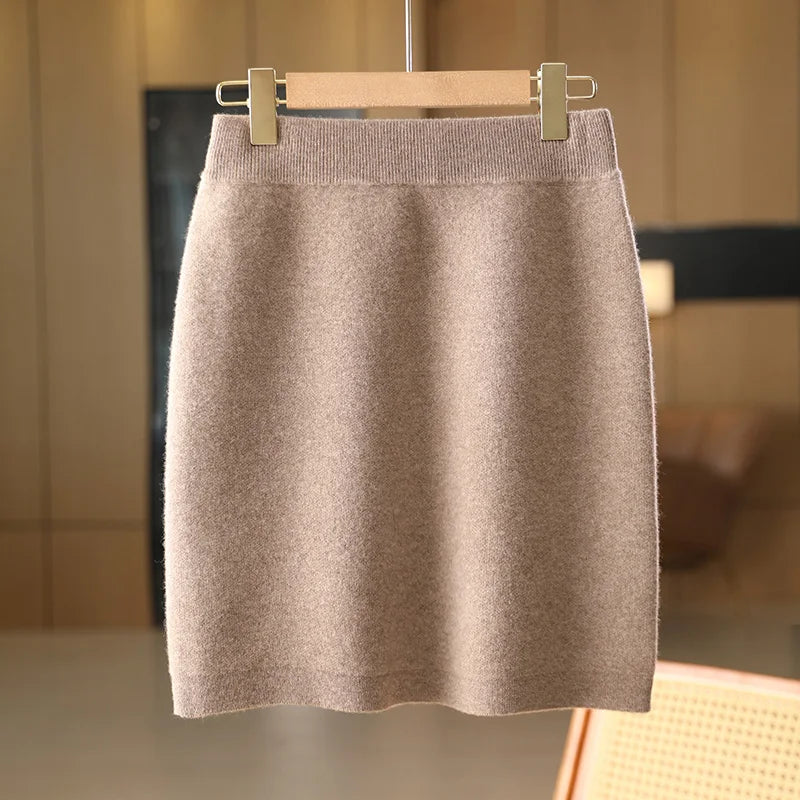 Autumn Winter New 100% Wool Short Skirt Women High Waist Knitted A-line Skirt Slimming and Versatile Hip hugging One Step Skirt 87