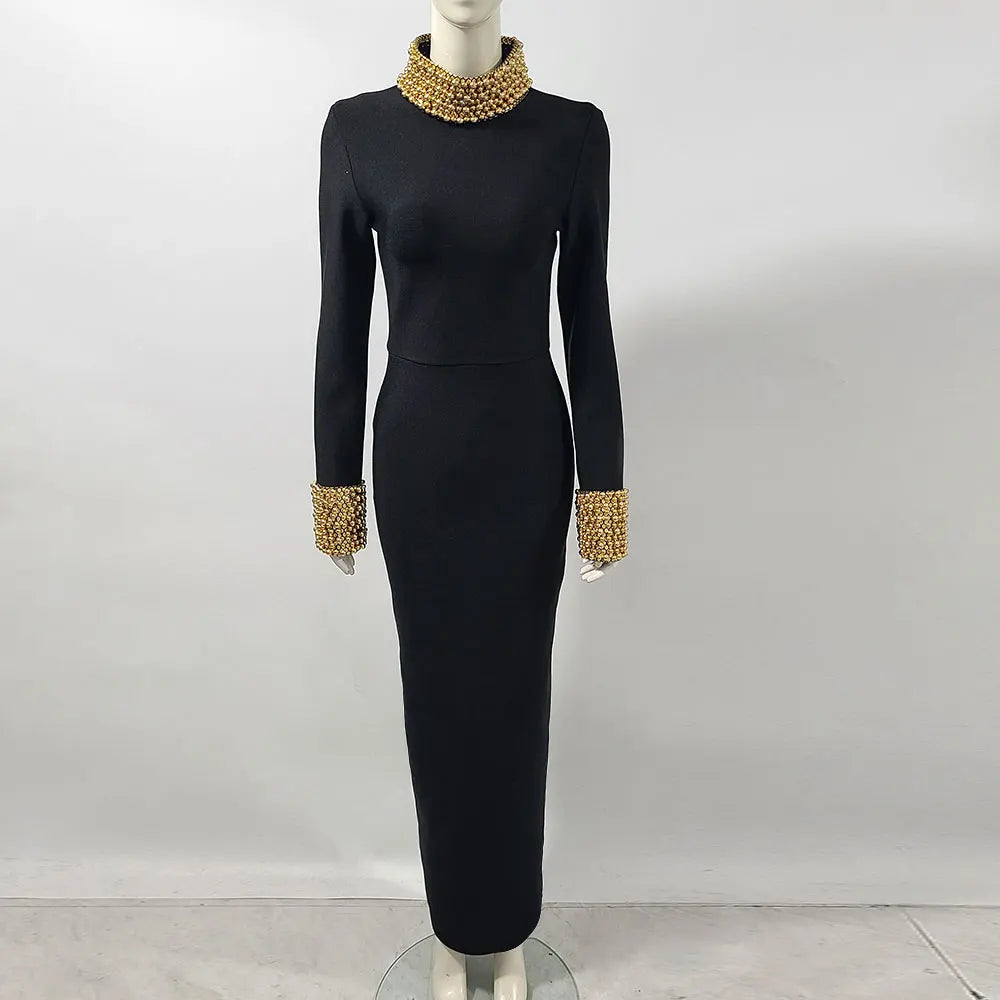 2025 Elegant Women Light Luxury Nail Bead Design Bandage Dress High Collar Long Sleeve Bodycon Long Dress Evening Party Vestidos Gold