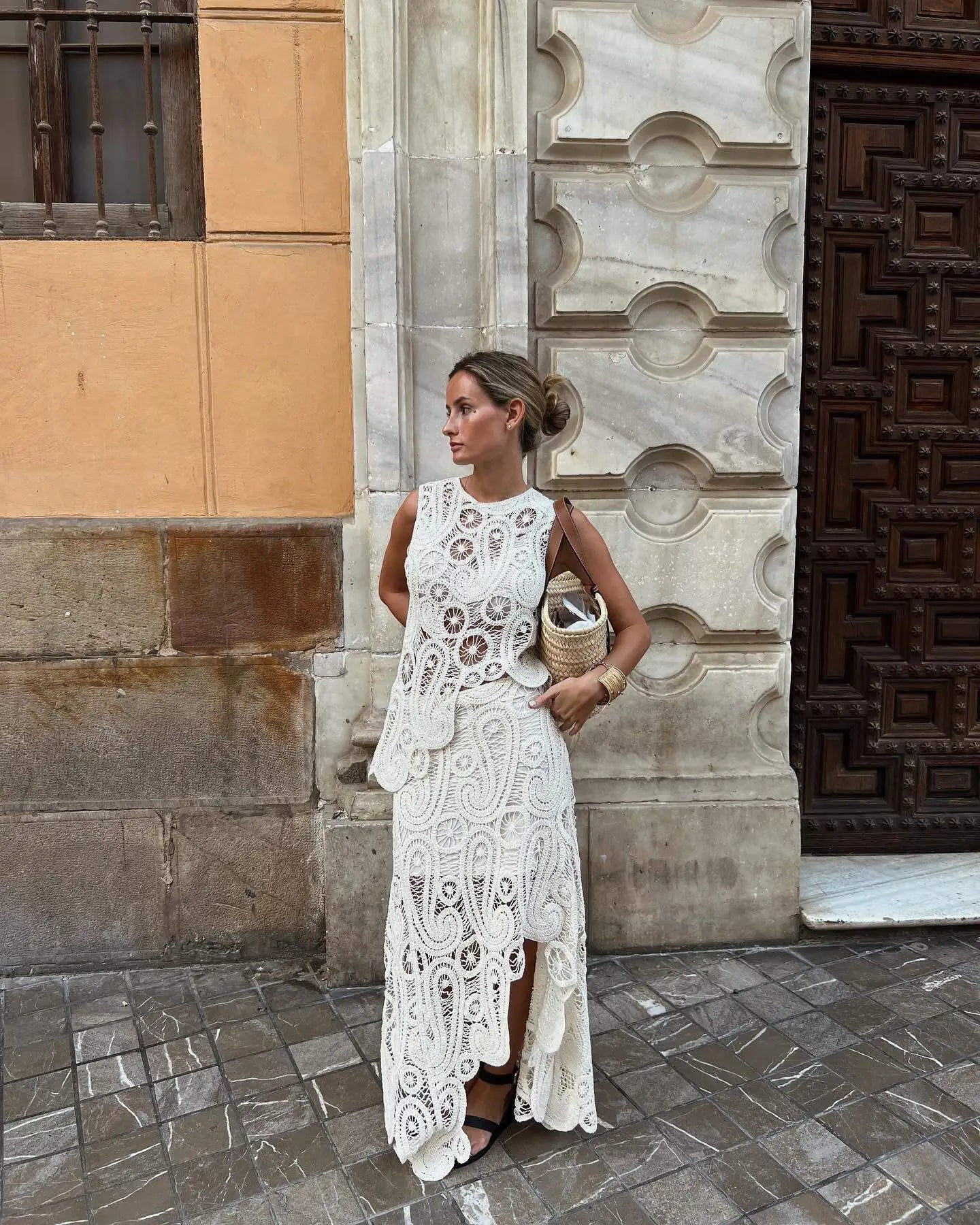 Crochet O Neck Hollow Out Skirt Set Women Chic Hook Flower Sleeveless Top Irregular Skirt Suit Spring Lady Elegant Outfit Set