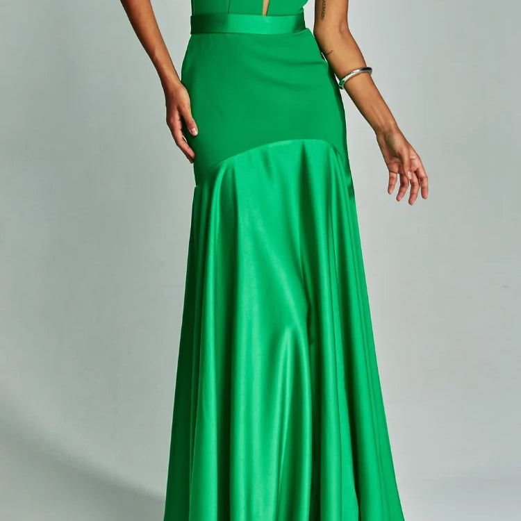 Elegant Green Patchwork Satin Long Dresses Women Fashion Off Shoulder Cut Out Pleated A-line Robe Lady Party Dresses 2025 Summer