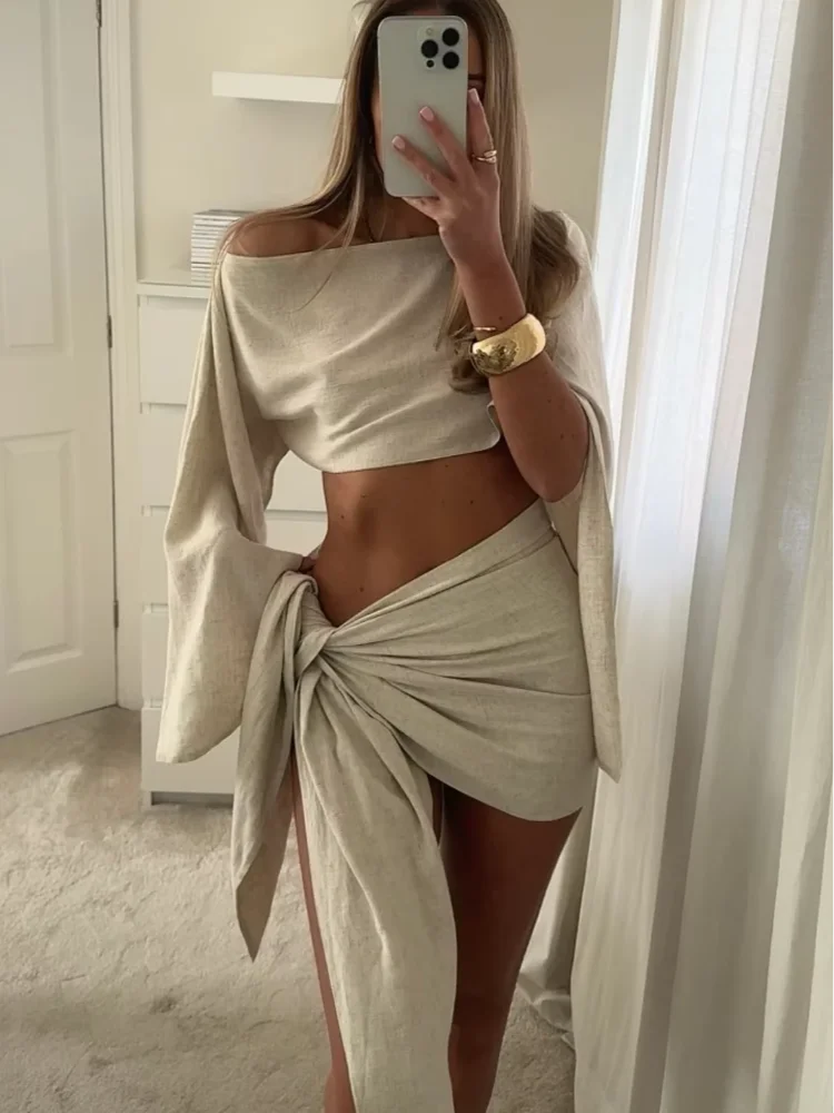 Women Cotton Linen Long Pagoda Sleeve Crop Top 2 Piece Set One Piece Twisted Knot Mini Skirt Suit Summer Lady Highstreet Outfits Beige