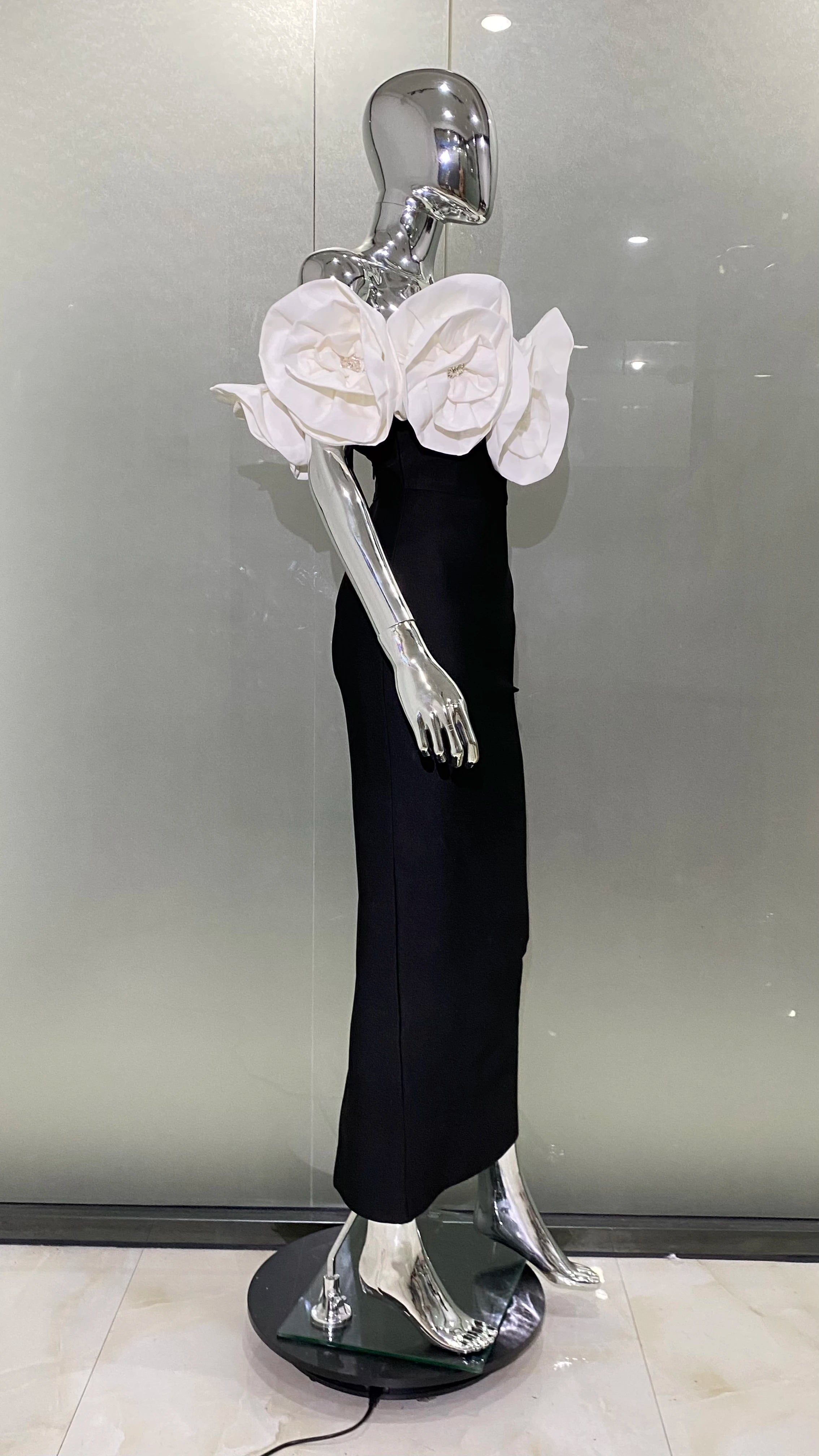Fashion Big White Flowers Women Sexy Off the Shoulder Bodycon Long Bandage Dress Celebrate Evening Party Birthday Dress
