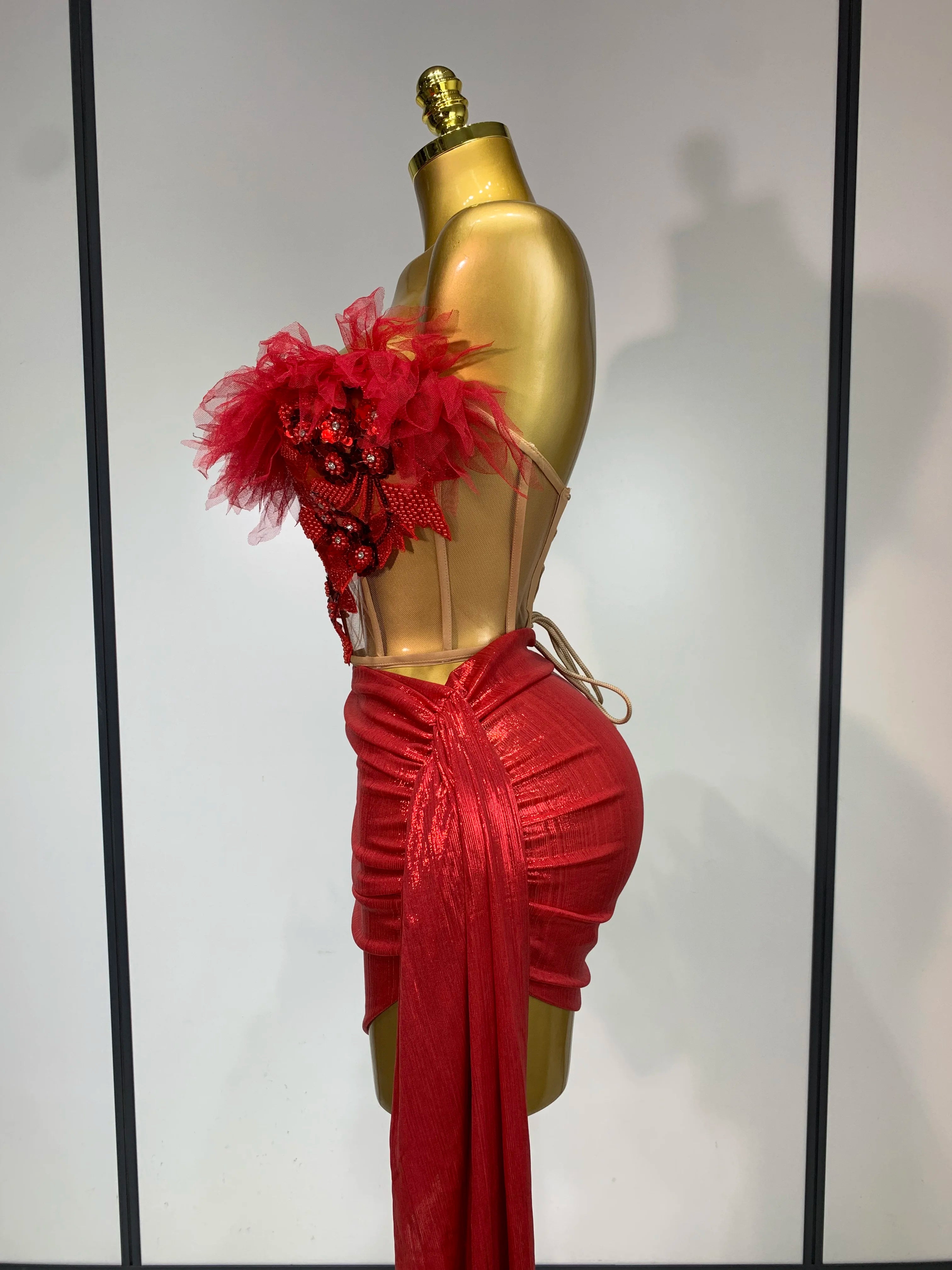 Women Sexy Two Pieces Set Beading Bodycon Mini Dress Nightclub Evening Party Celebrate Birthday Bar Singer Performance Costume