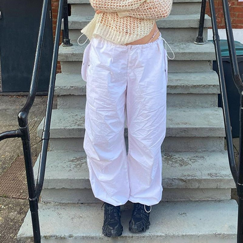 Pantalon de jogging décontracté pour femmes, Vintage, couleur unie, taille basse, Baggy avec cordon de serrage, jambes larges, survêtement, Streetwear, Cargo