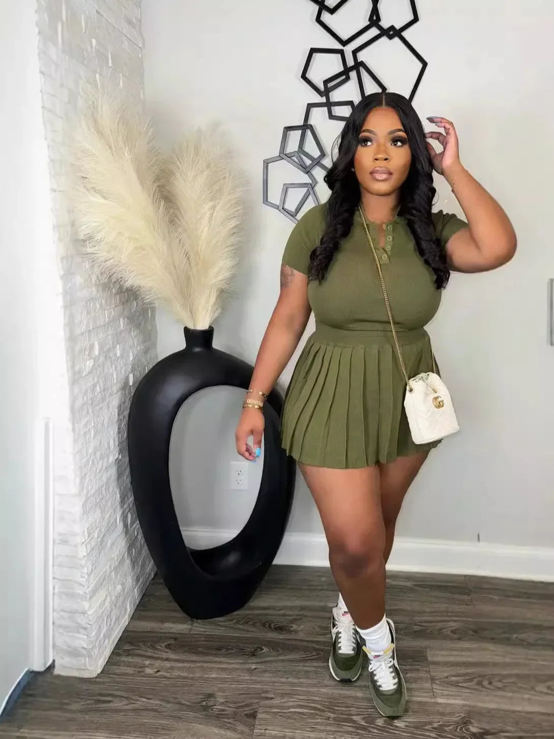 Fashion Sport Women's Set Pleated Mini Skirt and Short Sleeve T-shirt Top 2024 Street Two 2 Piece Dress Sets Outfits Dark Green