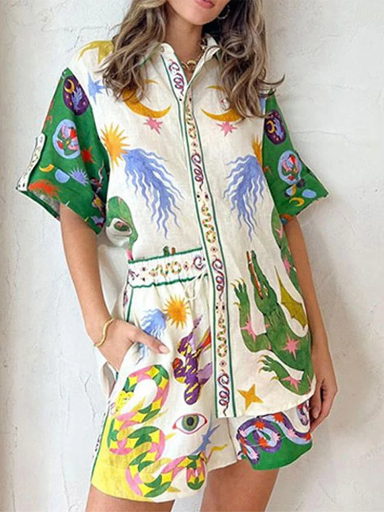 Women Fashion Printed Shorts 2 Piece Sets Causal Loose Lapel Single Breasted Shirts And Drawstring Short Suits Lady Beach Outfit
