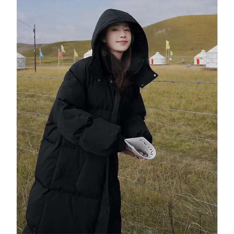 Women's Blue Down Jacket Hooded Long Cotton Clothes Winter Warm Thicken Windproof Korean Fashion Loose Oversized Coat Tops Black