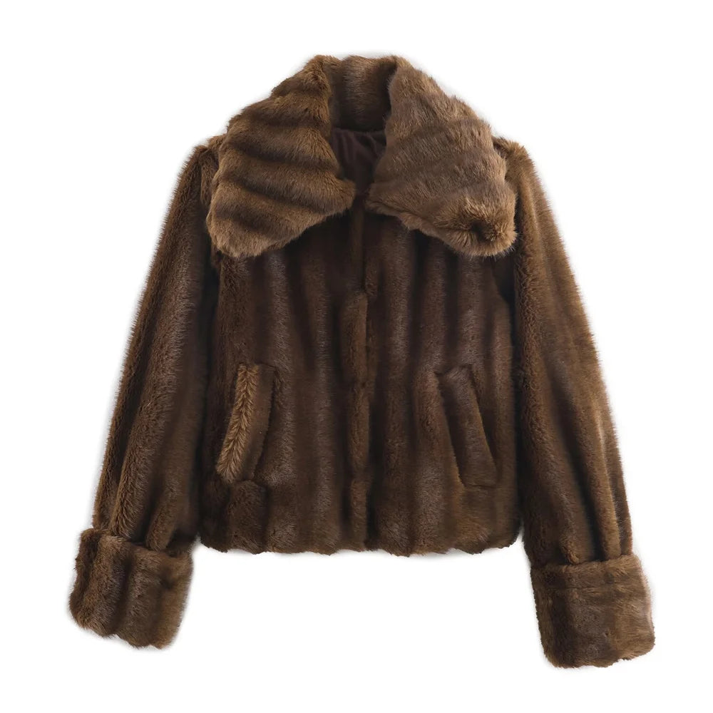 New autumn and winter women's fashion casual lapel long sleeved artificial fur effect short jacket jacket brown