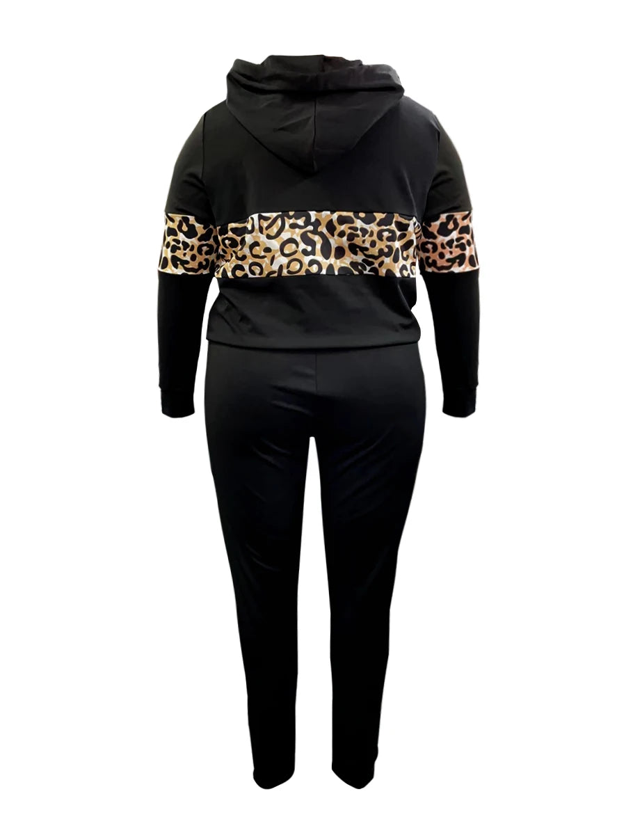 LW Plus Size Hooded Collar Leopard Print Tracksuit Set Drawstring Long Sleeve Hoodie & Pocket Design Pants Two-Pieces Set