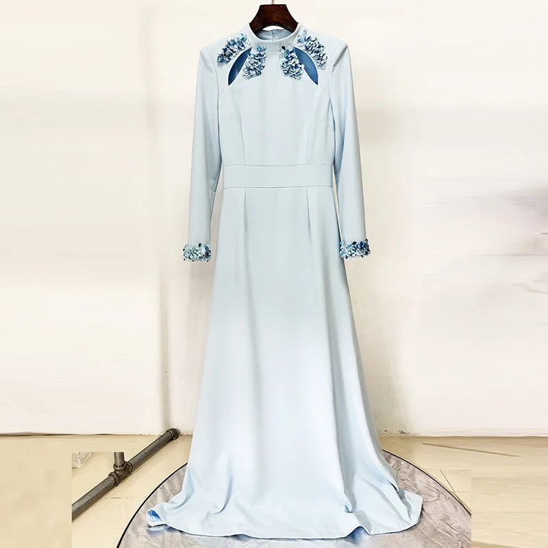 Solid Slimming Spliced Sequins Elegant Dresses for Women High Neck Long Sleeves Hollow Out Long Dress Female New LIGHTBLUE