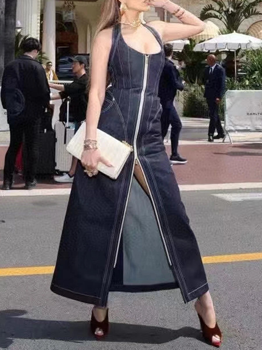 Solid Slimming Spliced Zipper Cowboy Dresses for Women Halter Neck Sleeveless Temperament Dress Femlae Fashion New