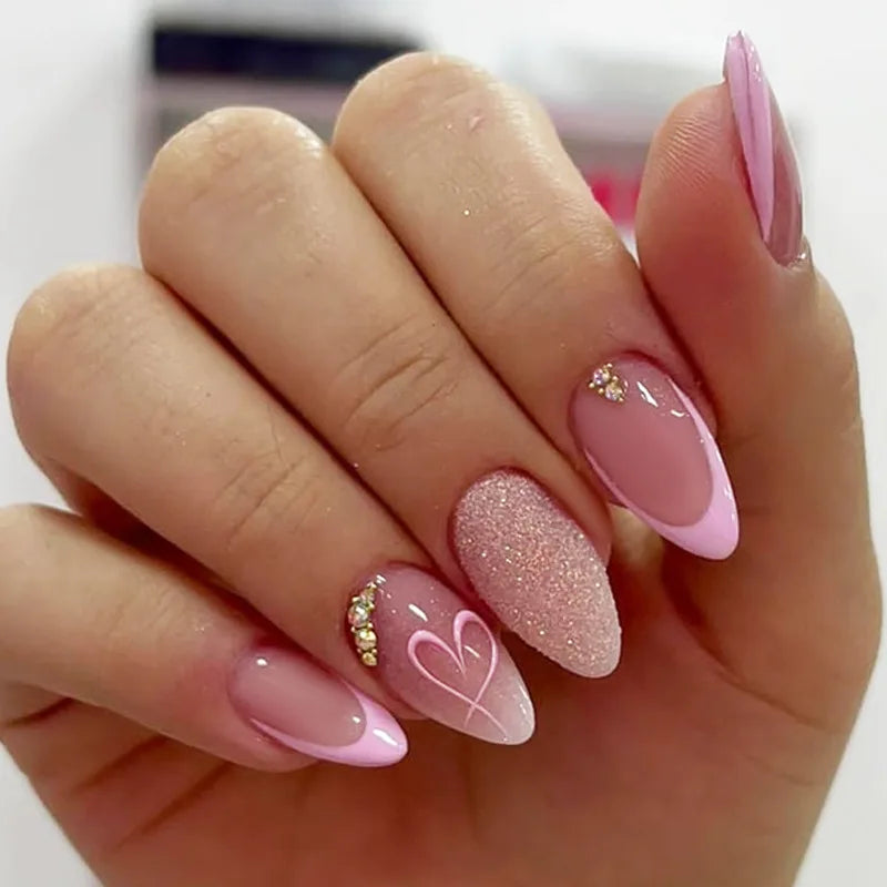 24Pcs Glitter Gradient Love Fake Nails Short Almond French Design Valentine Day Party Pink Press on Nails Sweet Girl False Nails 4