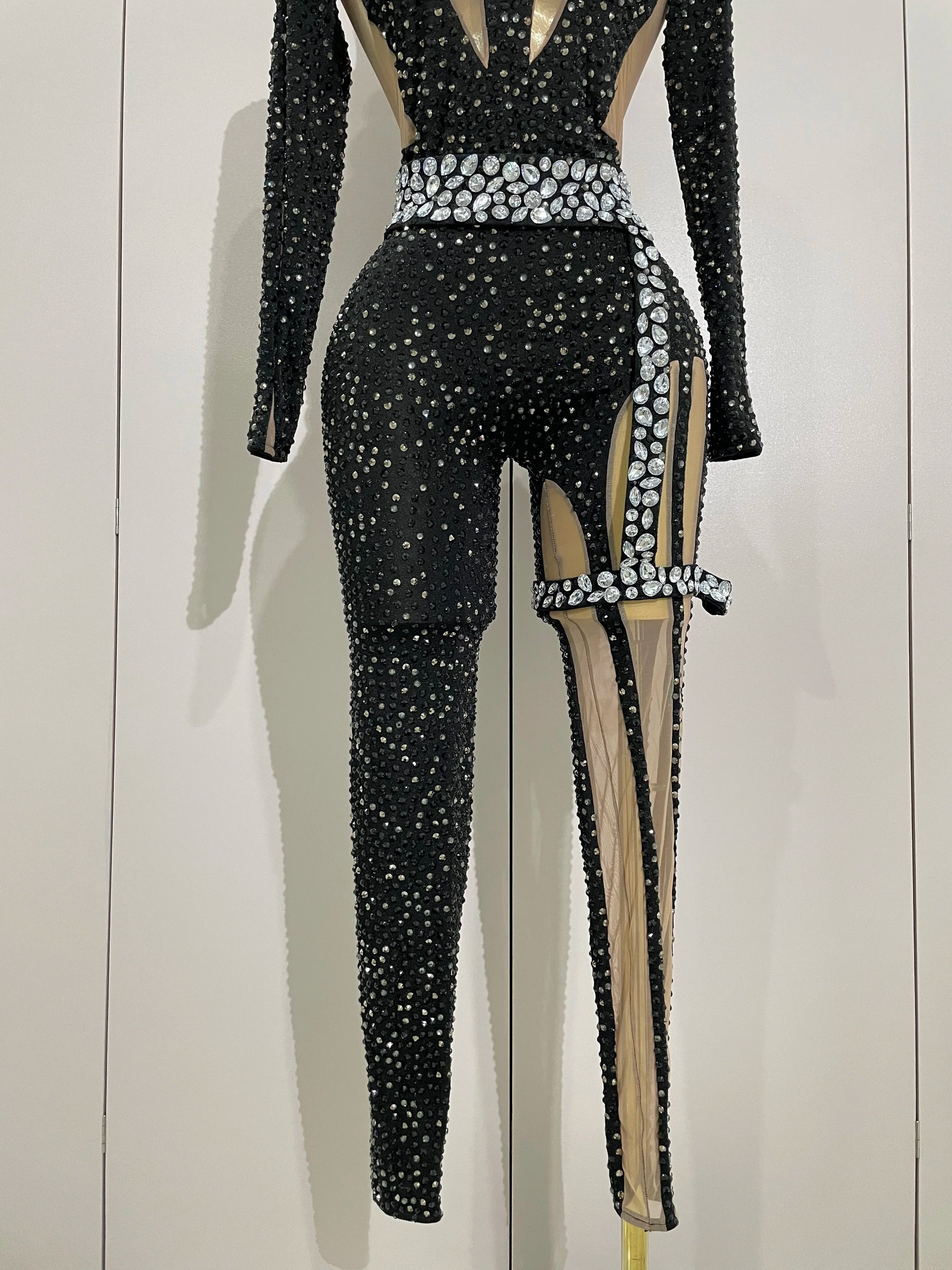 2025Sexy Sparkly Full Diamond Black Perspective Waist Cinching Asymmetrical Mesh Jumpsuit Birthday Party Nightclub Stage Costume