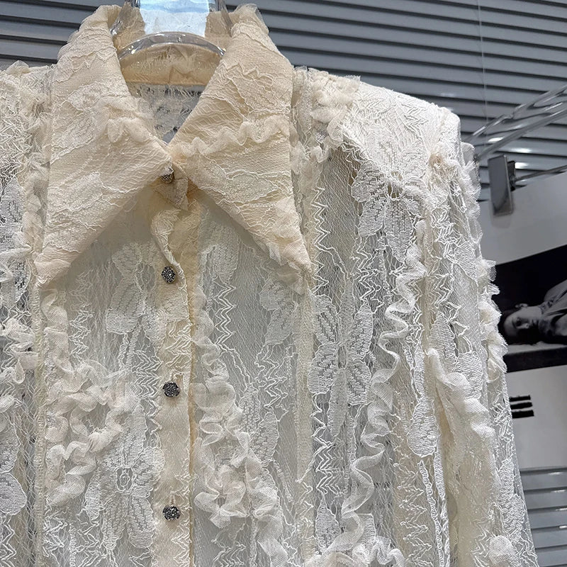 Winter New Fashion Pleated Lace Embroidery Shoulder Pad Long Sleeve Lapel Shirt For Women Blouse Female 11A07582