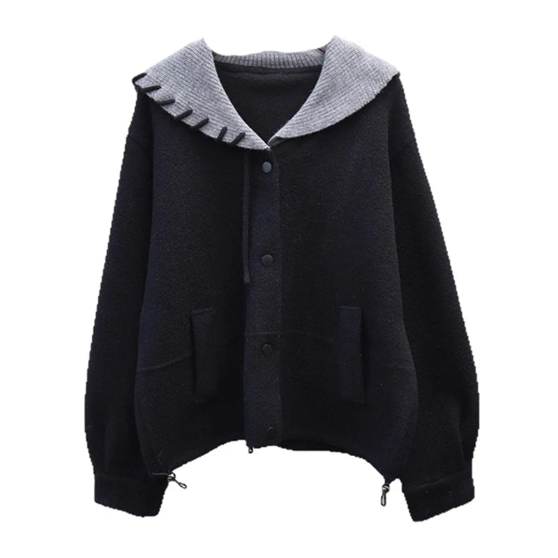 Autumn Winter New Loose Contrast Color Design Knitted Double-Sided Cardigan For Women Sweater Jacket Female 11A07624 Black One Size